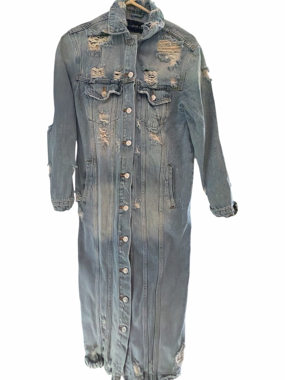 Mustard Seed Long Distressed Button-Front Denim Coat - Light Blue